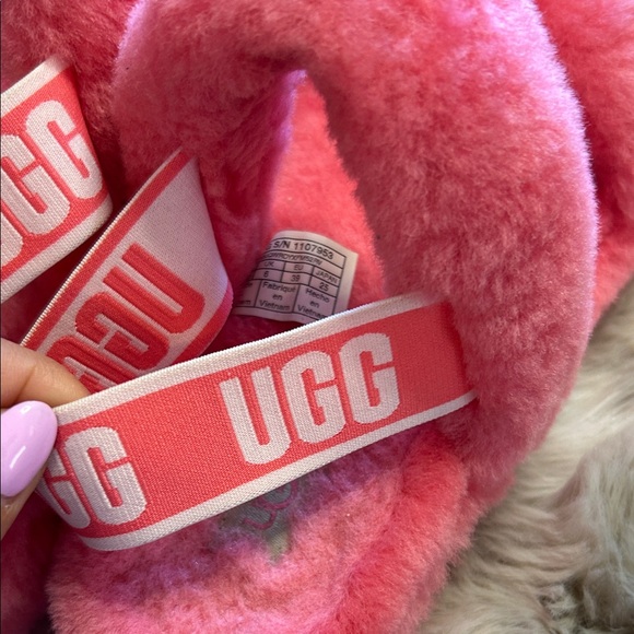 UGG Pink Fluff Double-Strap Slide with Branded Back Strap - Picture 2 of 7